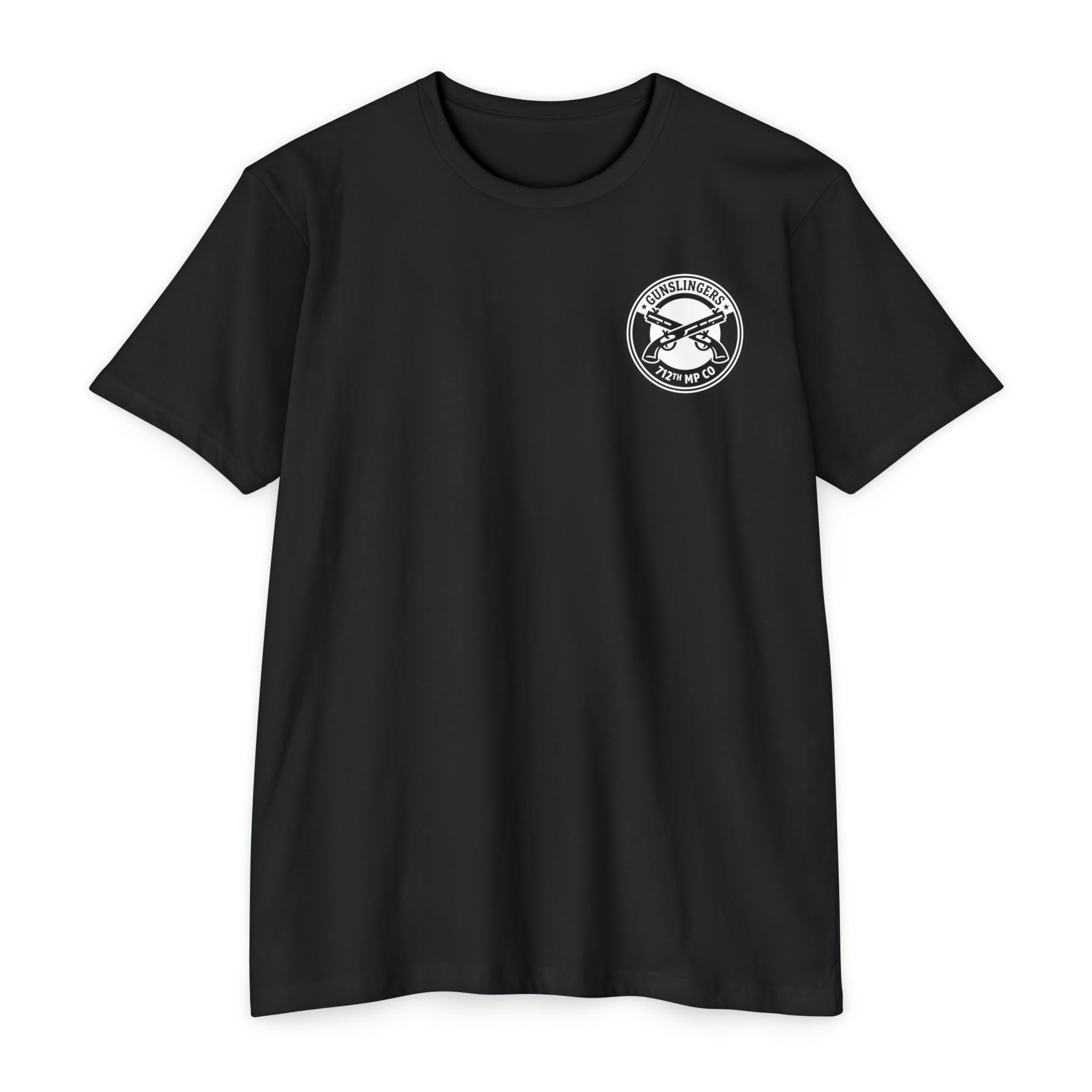 Black T-shirt with small circular logo on left chest