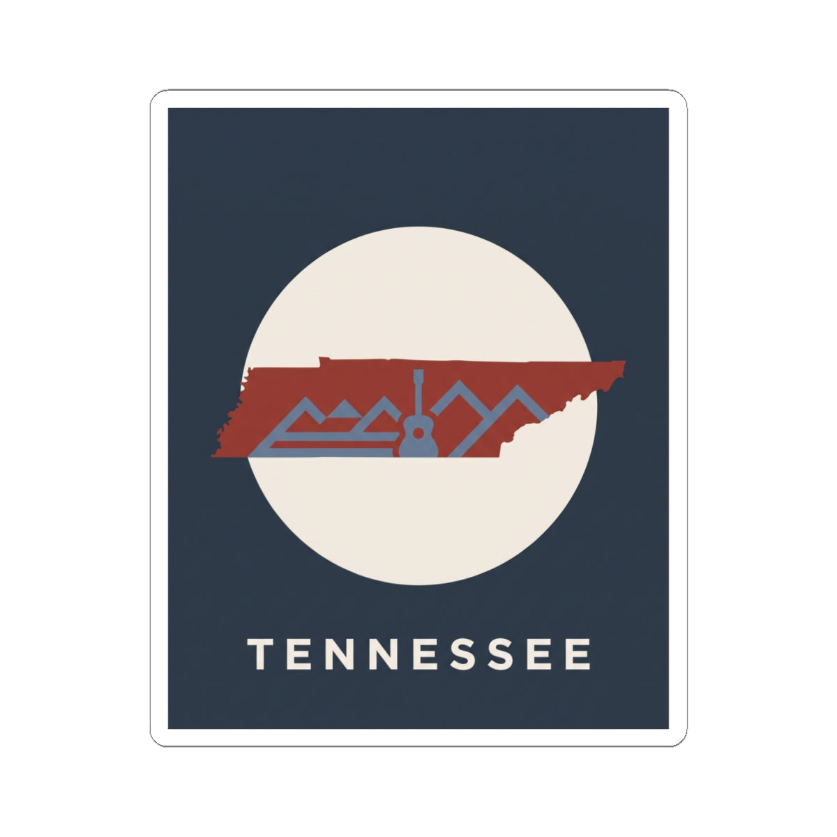 Tennessee outline sticker with red state silhouette, retro mountains, guitar detail, 'Tennessee'