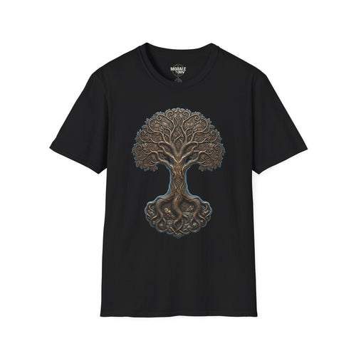 Black T-shirt with Celtic Tree of Life knotwork oak graphic on front