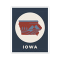 Square kiss-cut sticker with red Iowa map design, blue shapes, and white "IOWA" lettering