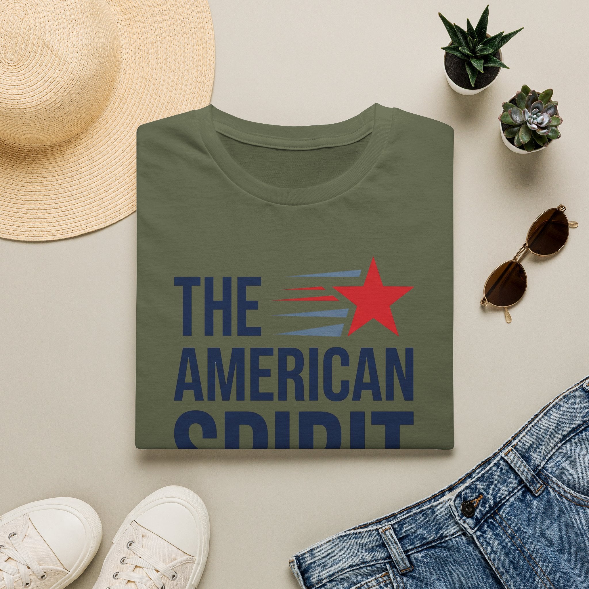 Green patriotic T-shirt with 'THE AMERICAN SPIRIT' graphic and red star