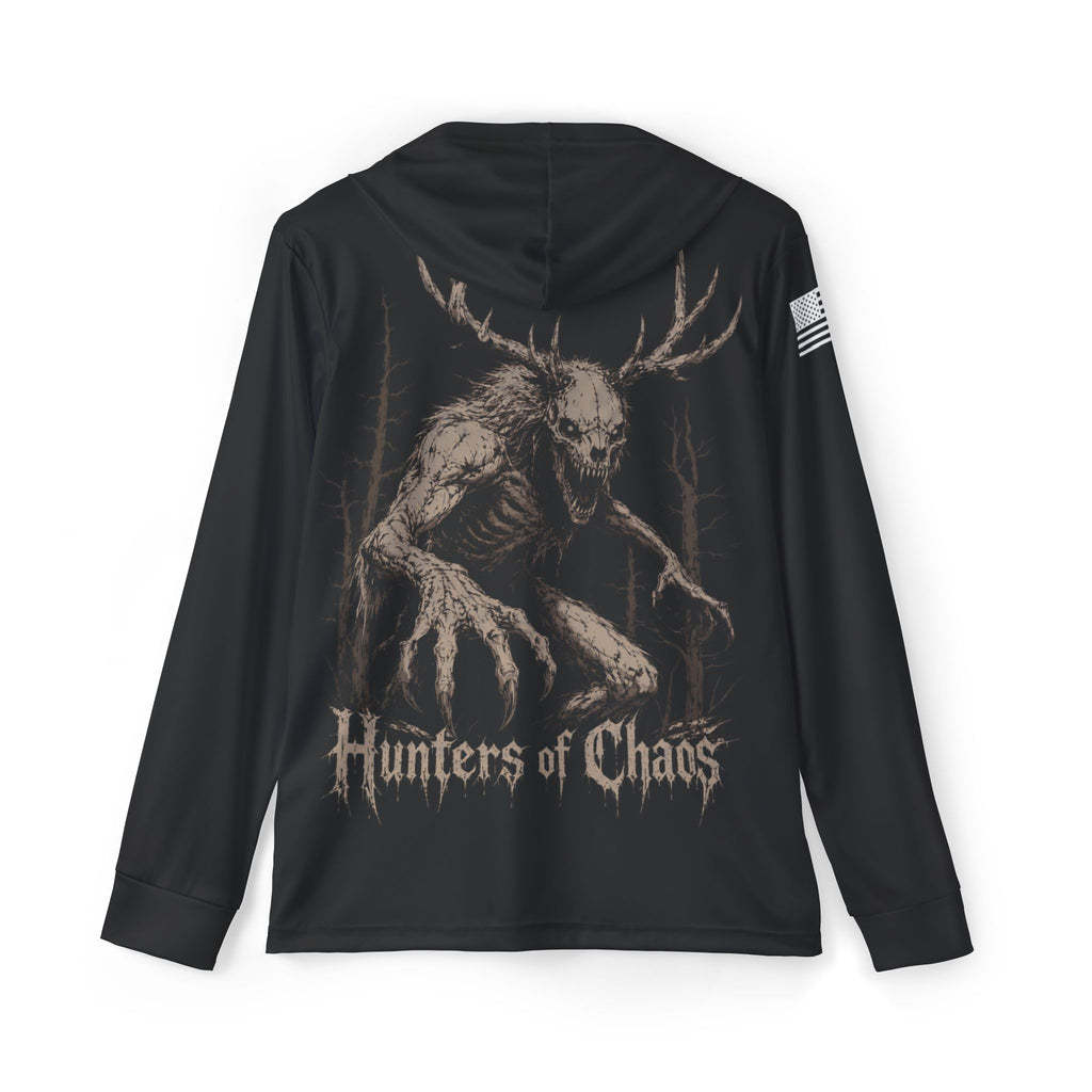 Black sport hoodie back with large deer print and Hunters of Chaos text