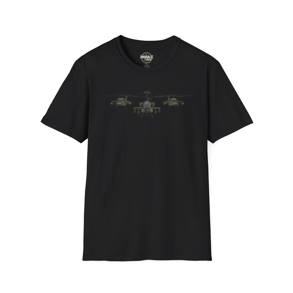 Black crewneck T-shirt with three-helicopter graphic on the chest
