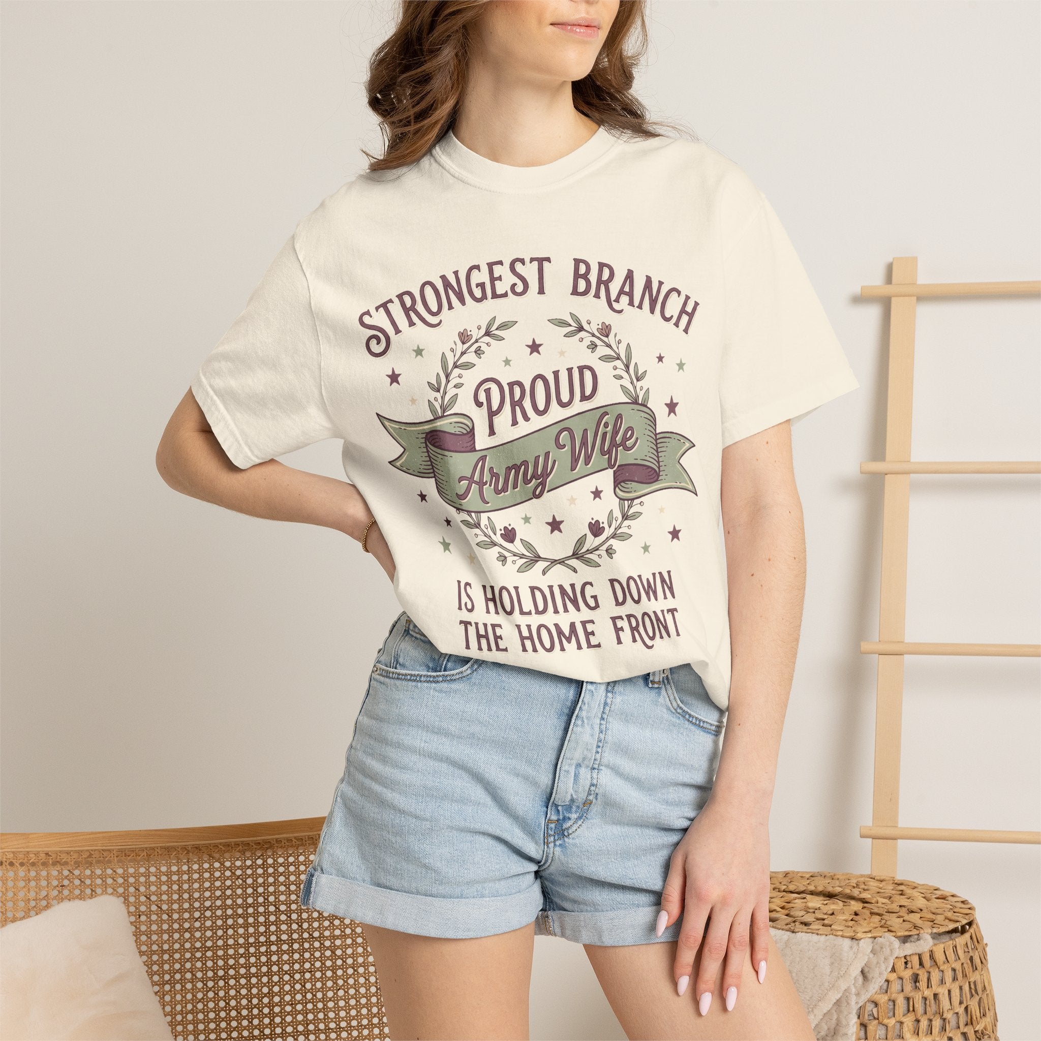White Proud Army Wife T-shirt on model, “Proud Army Wife” wreath graphic