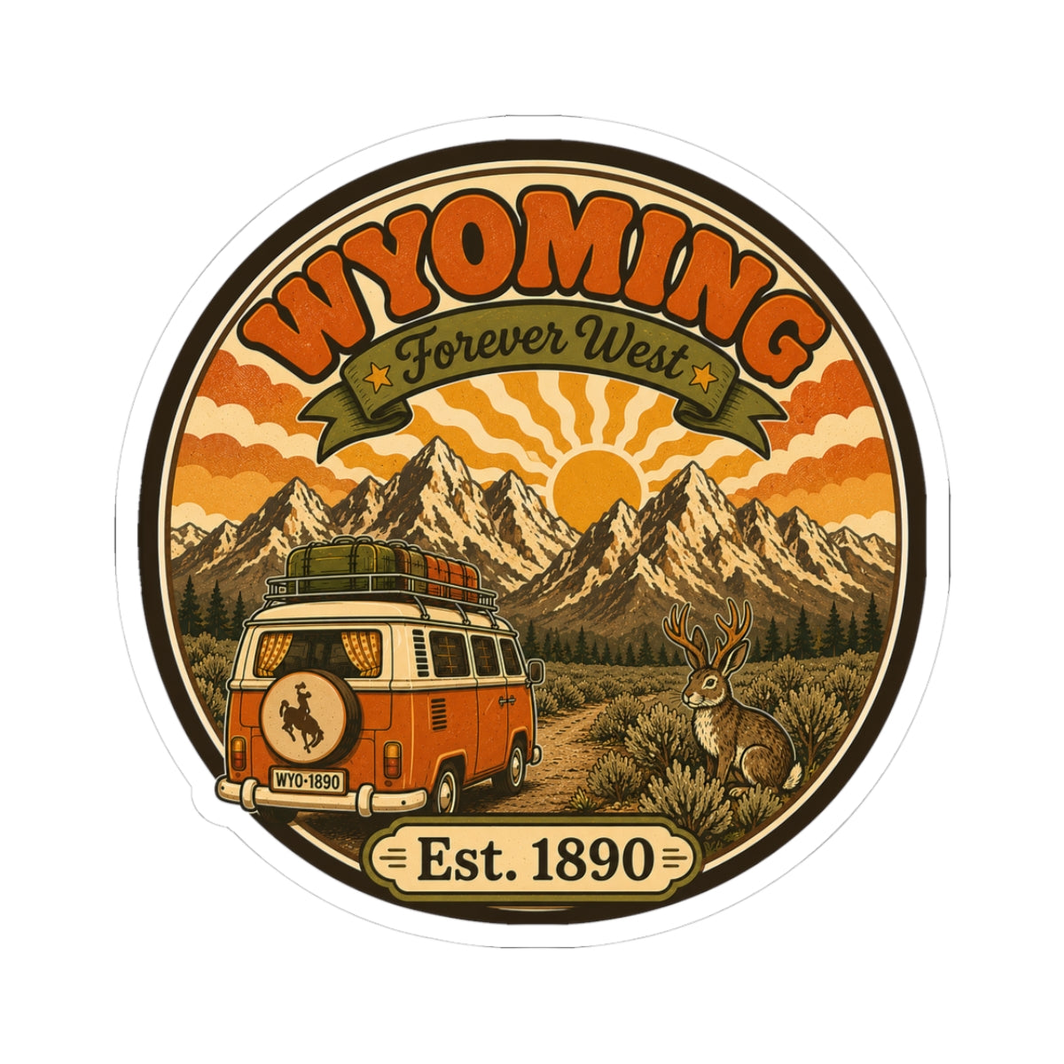 Round kiss-cut vinyl sticker with vintage Wyoming scene, bus, mountains, rabbit, “Est. 1890”