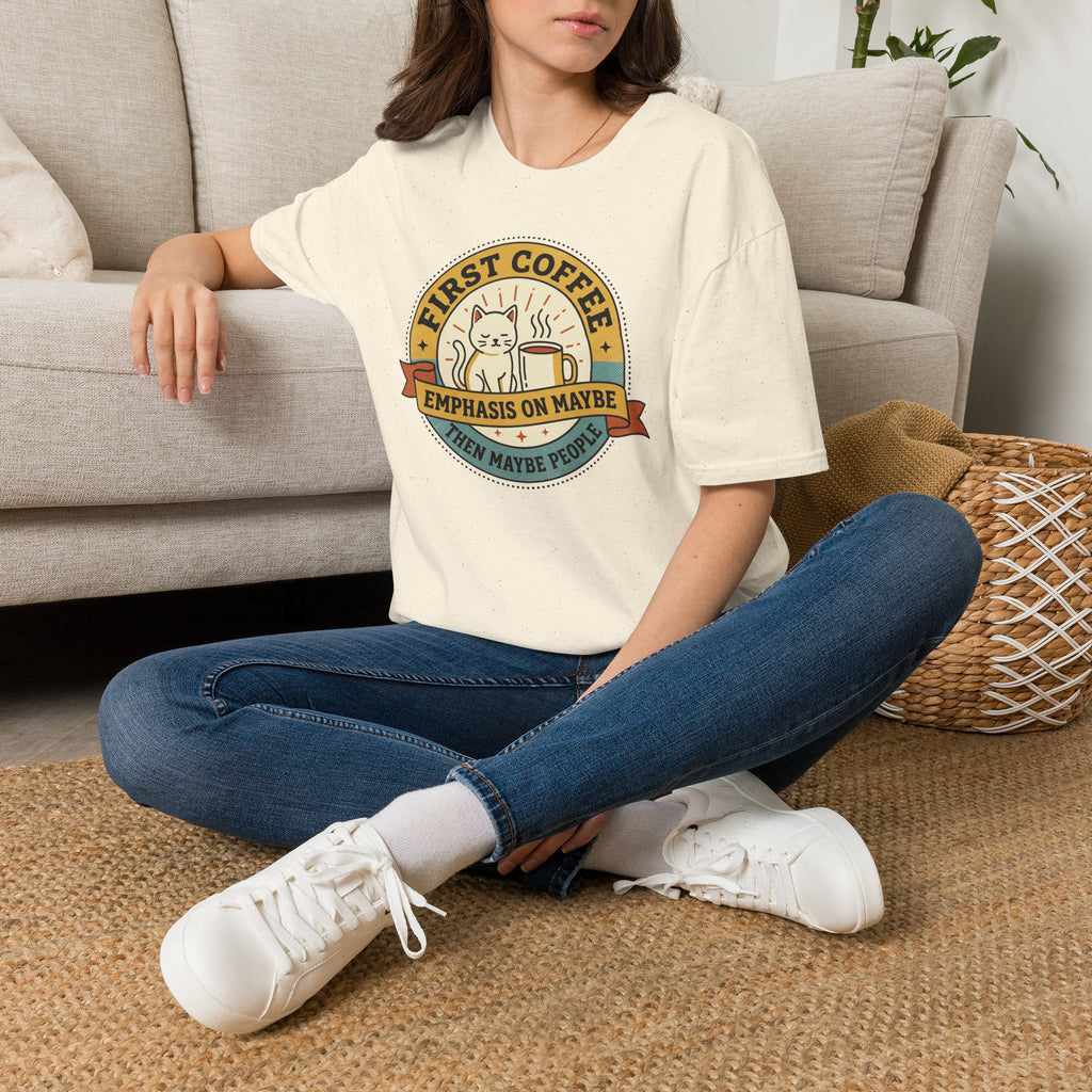Cream T-shirt with cat coffee circular slogan graphic