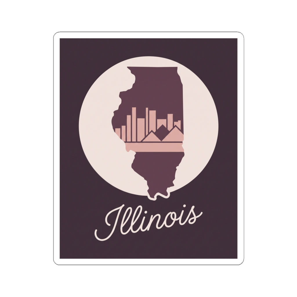 Mauve Illinois state silhouette vinyl decal with white circle and “Illinois” cursive text