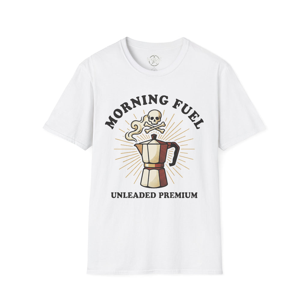 White unisex tee: “Morning Fuel” skull moka pot graphic, “Unleaded Premium”