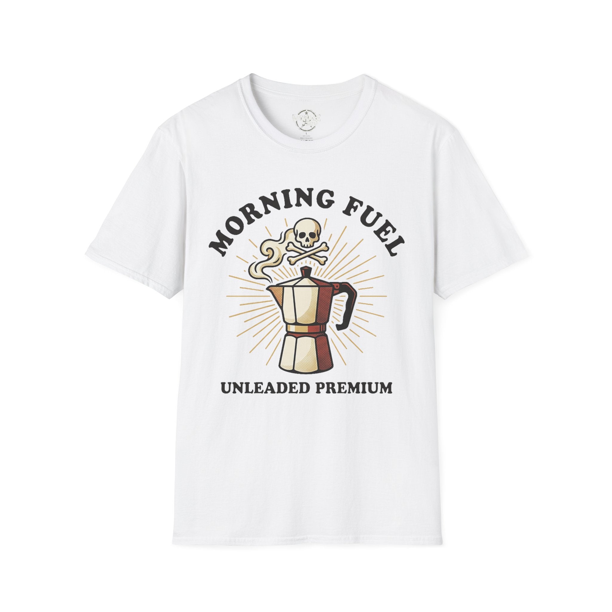White unisex tee: “Morning Fuel” skull moka pot graphic, “Unleaded Premium”