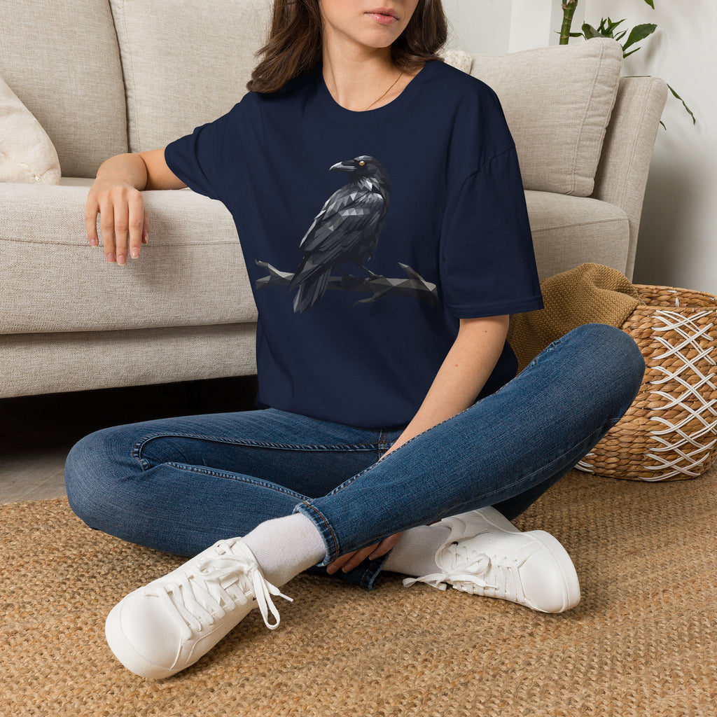 Navy raven graphic t-shirt with perched bird print worn by model