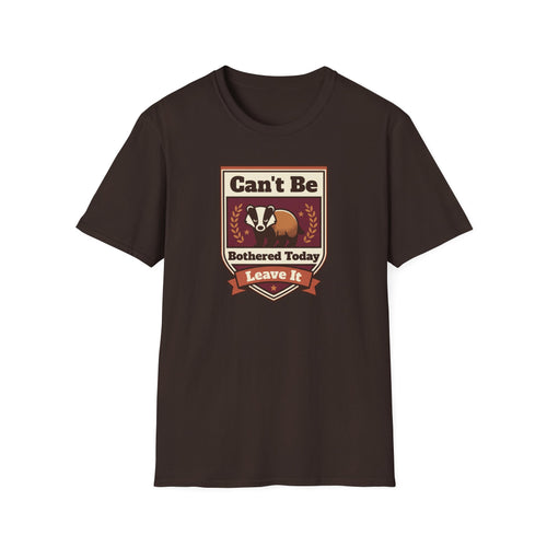 Badger graphic t-shirt, dark brown crewneck with retro badge and Can't Be Bothered Today text
