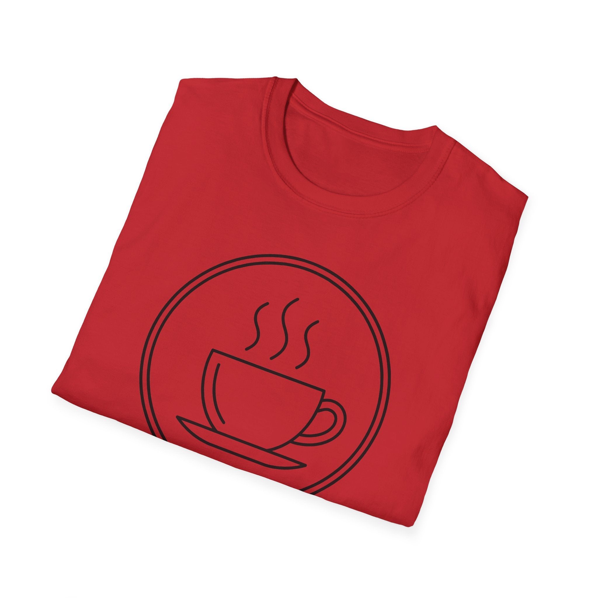 Red coffee mug graphic unisex T-shirt with steaming cup circular logo