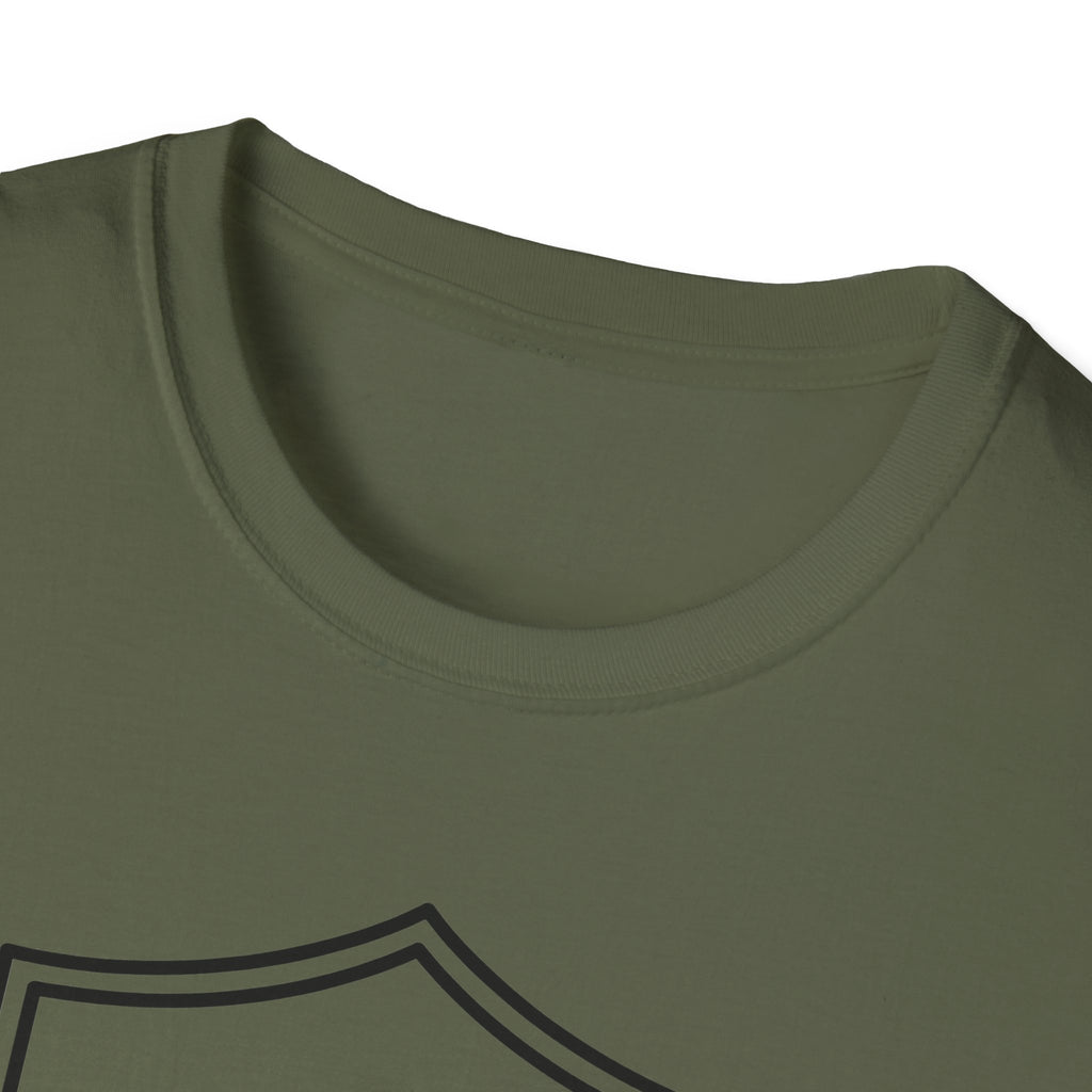 Military green T-shirt crew neck close-up with partial camera graphic visible