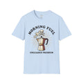 Light blue unisex tee: “Morning Fuel” skull moka pot graphic, “Unleaded Premium”