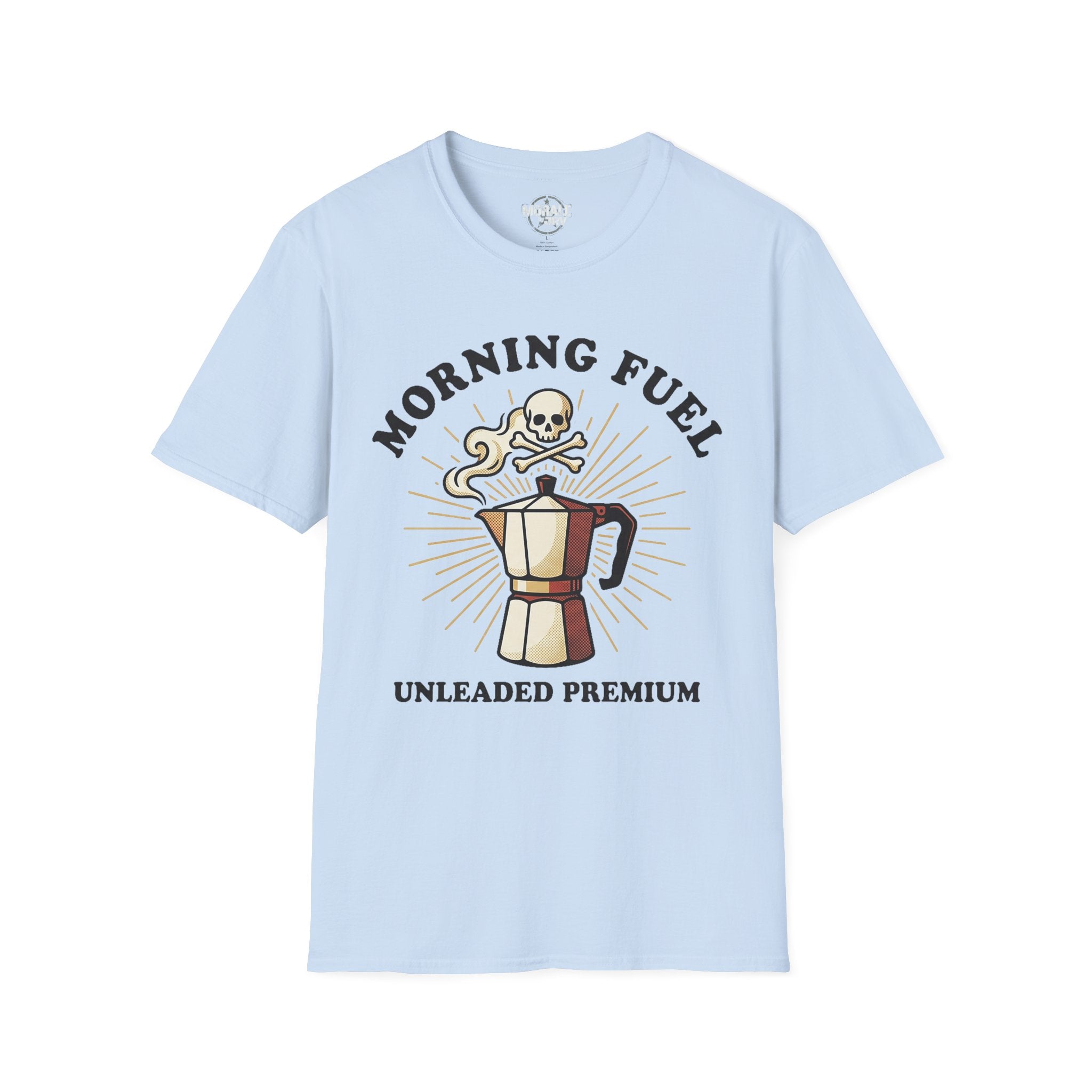 Light blue unisex tee: “Morning Fuel” skull moka pot graphic, “Unleaded Premium”