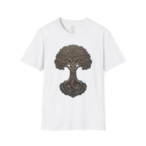 White T-shirt with Celtic Tree of Life knotwork oak graphic on front