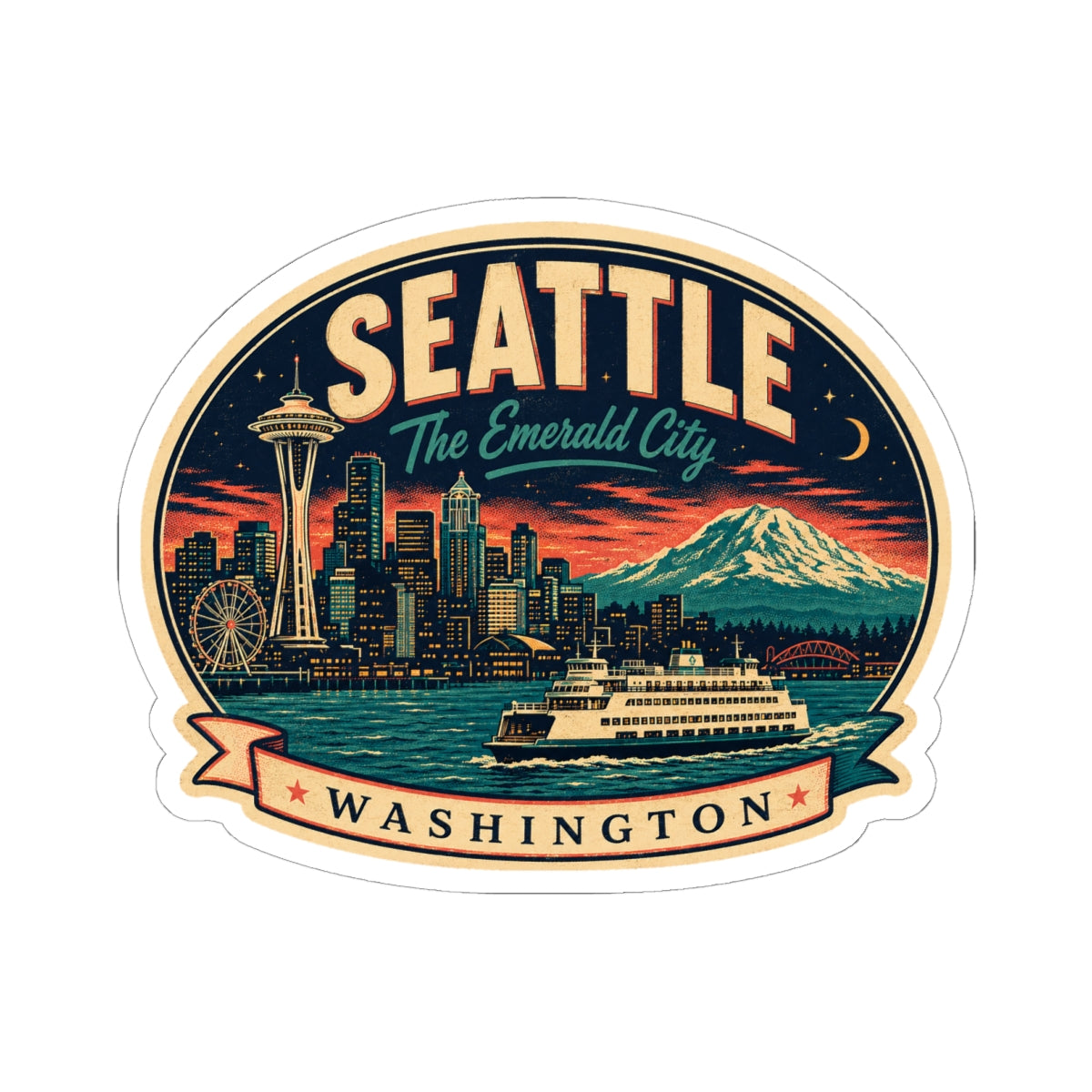 Seattle luggage tag sticker with circular badge, skyline, Space Needle tower, and Mount Rainier
