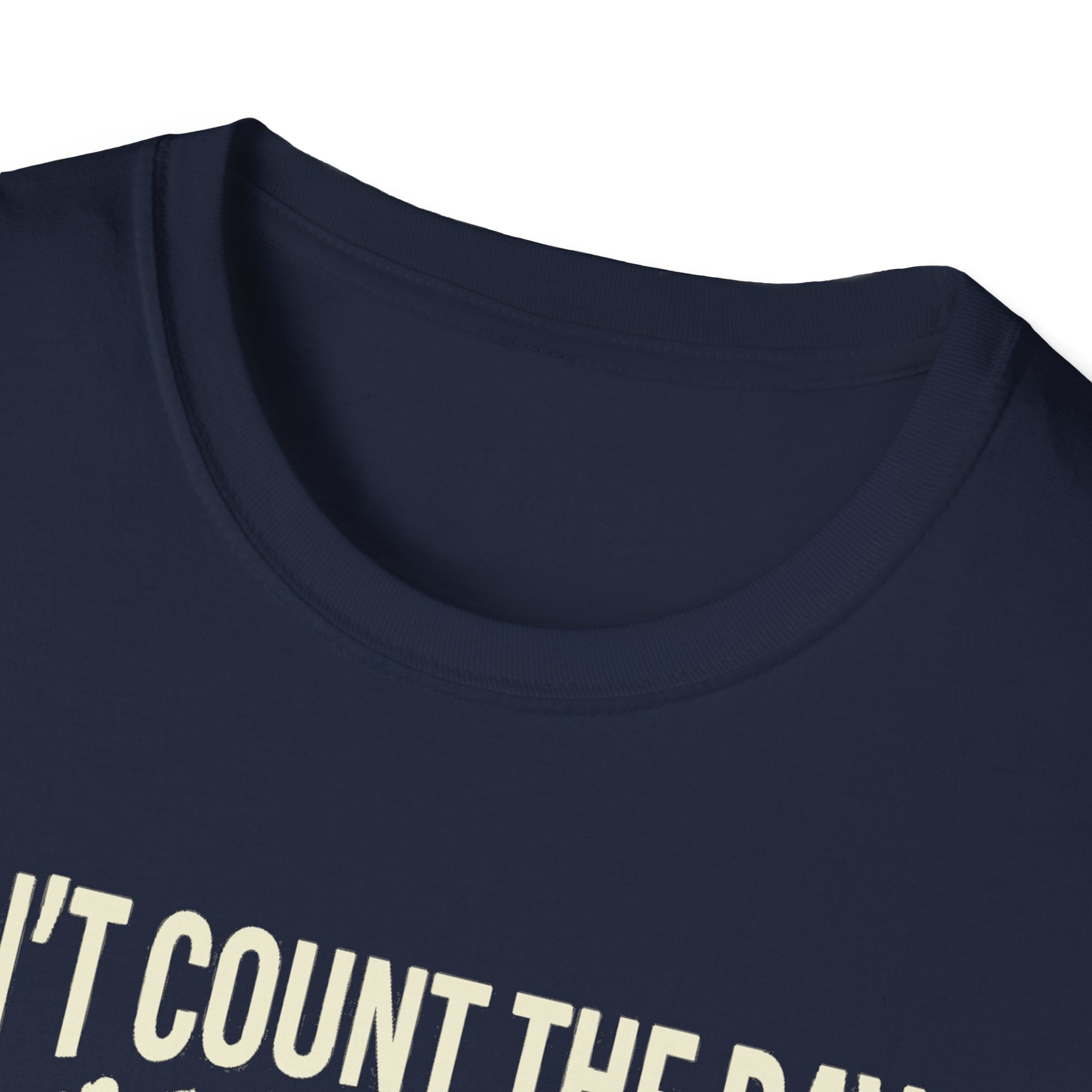 Navy T-shirt neckline with partial “COUNT THE DAYS” quote text