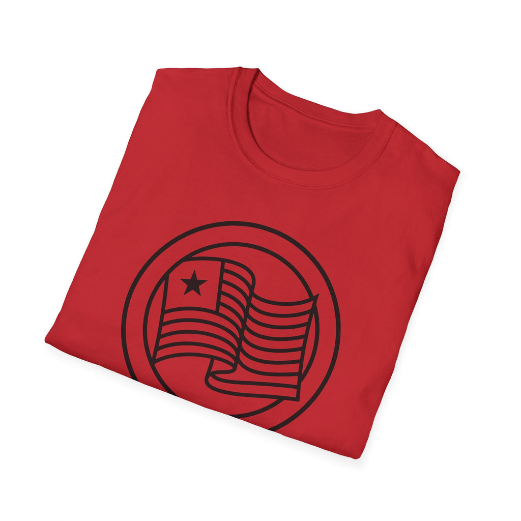 Red T-shirt with black circular eagle-and-flag emblem graphic