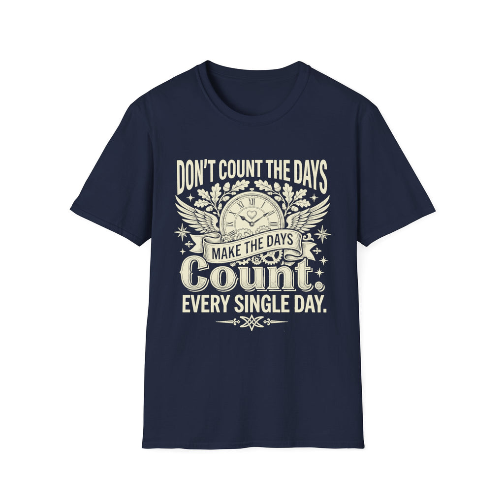 Navy T-shirt with clock graphic and quote: “Don’t count the days, make the days count.”