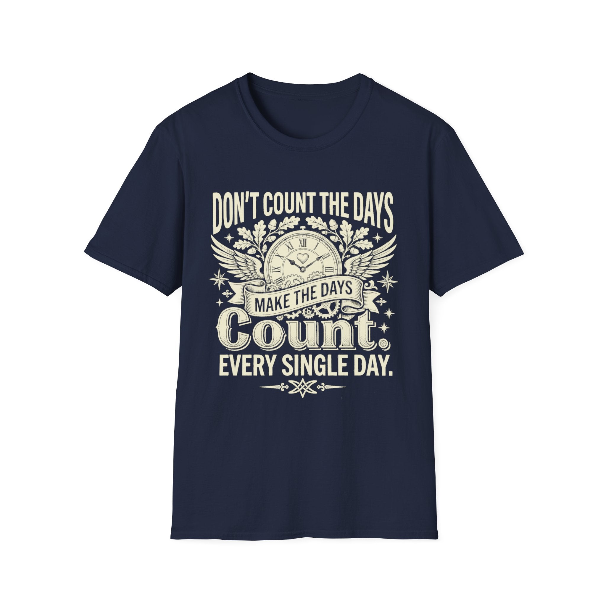 Navy T-shirt with clock graphic and quote: “Don’t count the days, make the days count.”