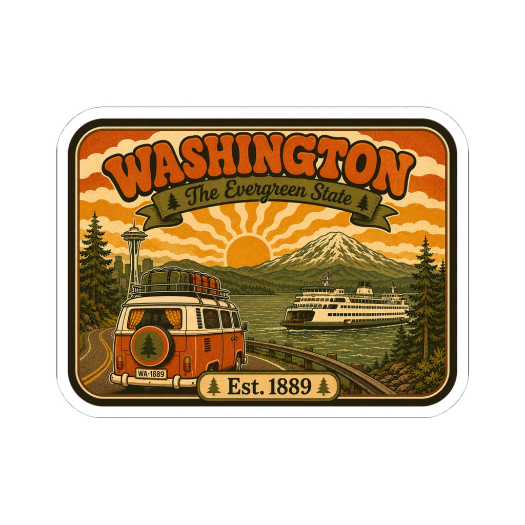 Kiss-cut Washington vintage sticker, rounded rectangle with white border and roadside landscape