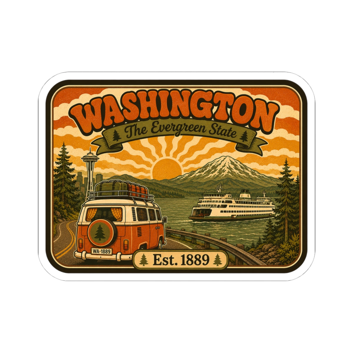 Kiss-cut Washington vintage sticker, rounded rectangle with white border and roadside landscape
