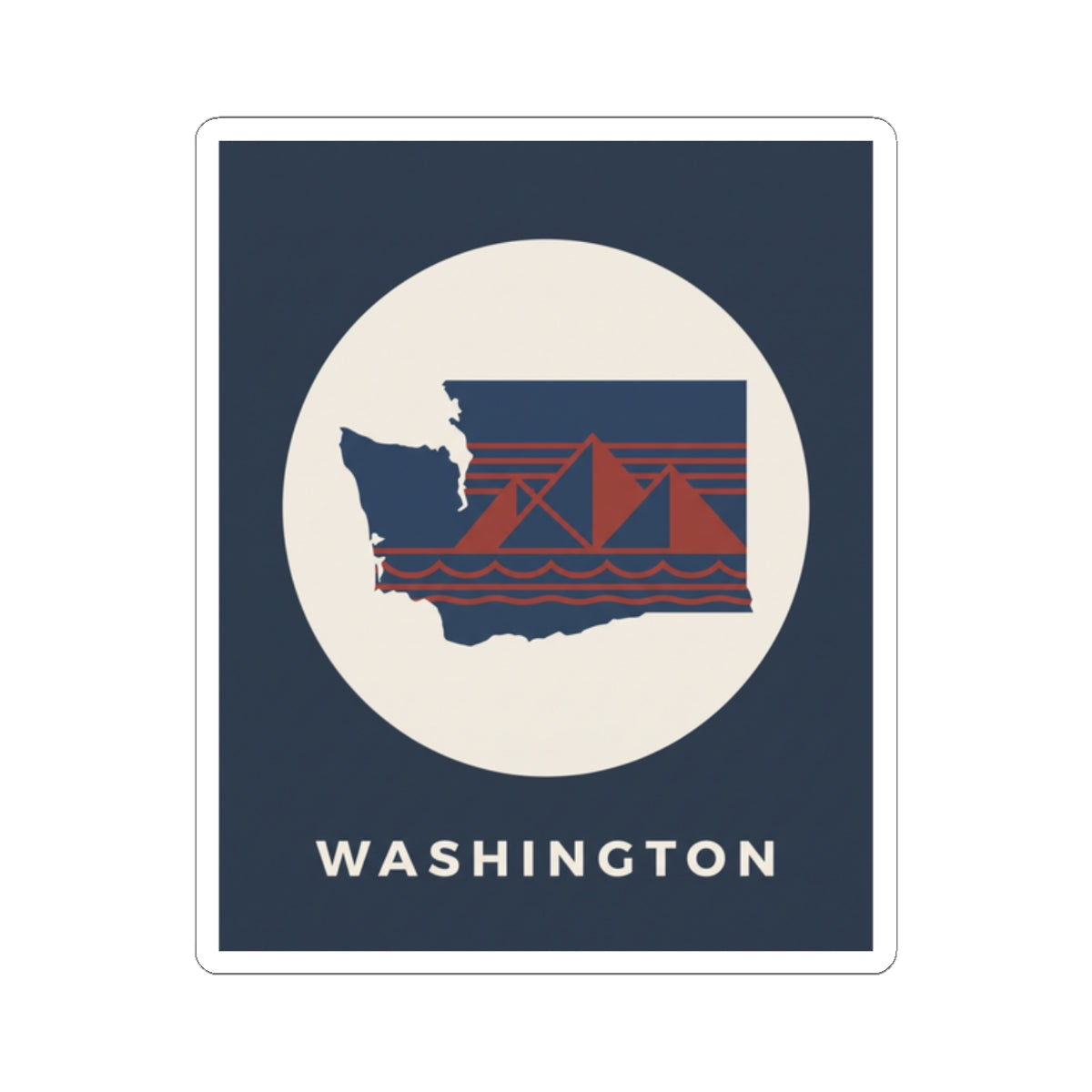 Washington graphic sticker, navy square with cream circle, red-striped bridge and WASHINGTON lettering