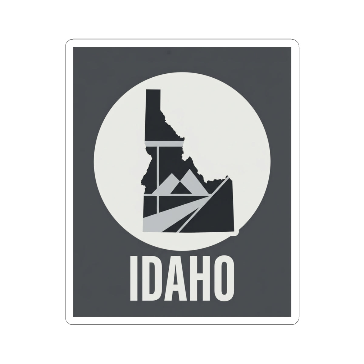 Idaho geometric map kiss-cut sticker, dark square with white circle, state outline and IDAHO text