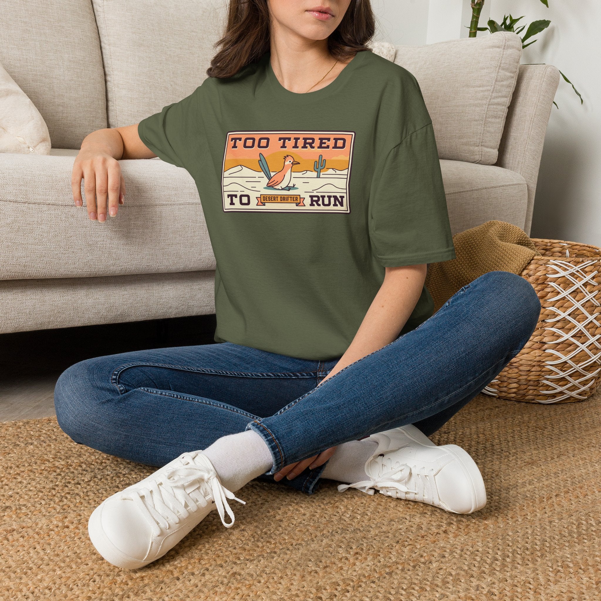 Funny Roadrunner T-Shirt | Too Tired Too Run Desert Drifter Retro Graphic Tee | Runner Gift