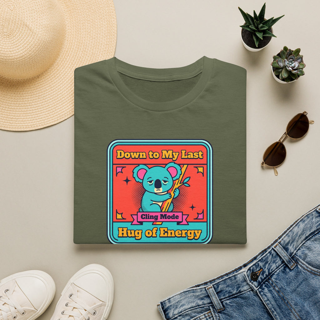 Funny Koala T-Shirt | Down to My Last Cling Mode Hug of Energy | Cute Kawaii Animal Graphic Tee