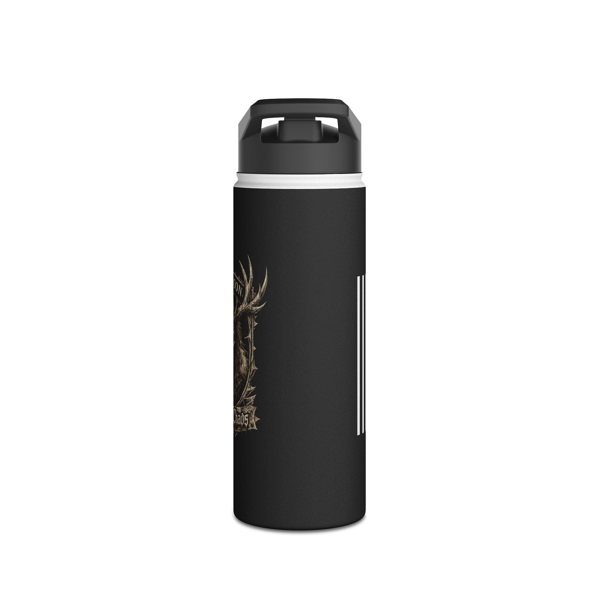Stainless steel tumbler, black with partial gold antler art and vertical white stripe