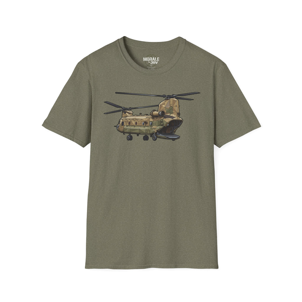 CH-47 T-shirt olive green with tan/green military helicopter graphic centered