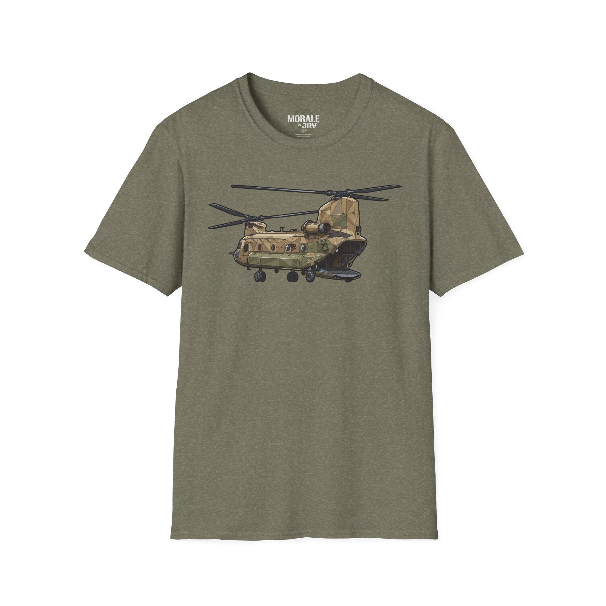 CH-47 T-shirt olive green with tan/green military helicopter graphic centered