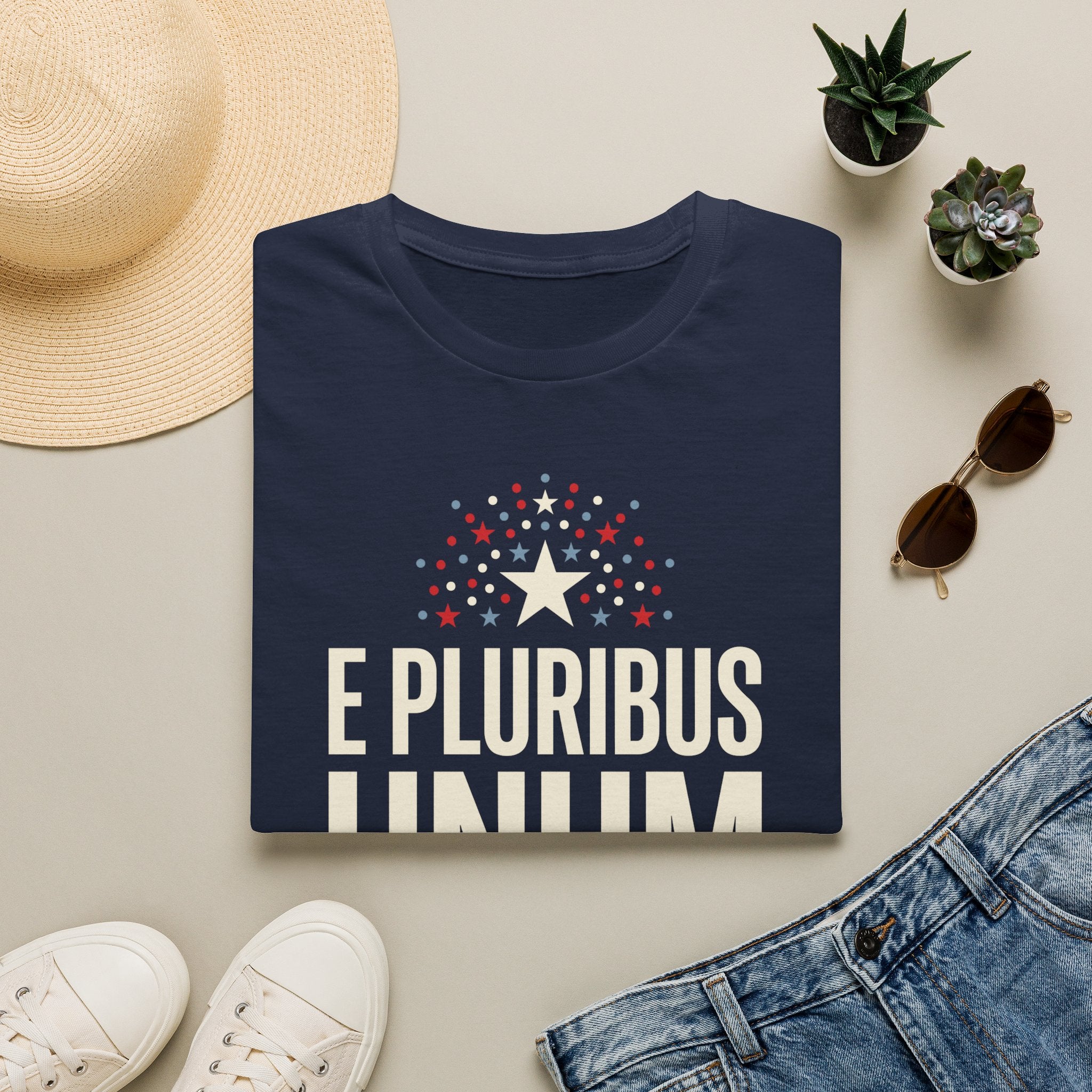 Navy T-shirt with starburst graphic and "E PLURIBUS" text