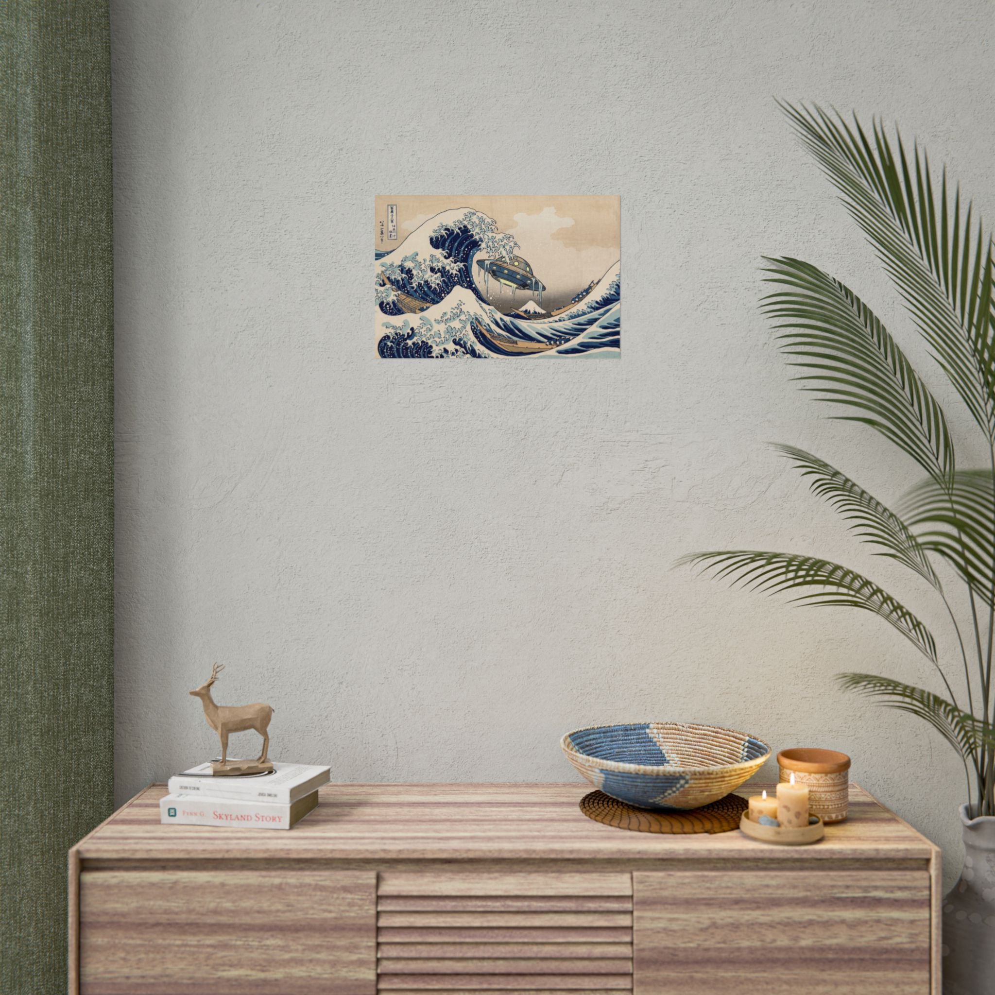 Small wall poster showing blue ocean waves and UFO craft in vintage Japanese print