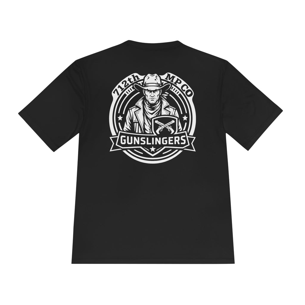 Black 100% polyester T-shirt with large back Gunslingers graphic logo.