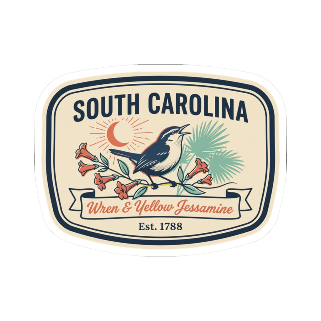 South Carolina kiss-cut vinyl sticker featuring wren, yellow jessamine, and ribbon text