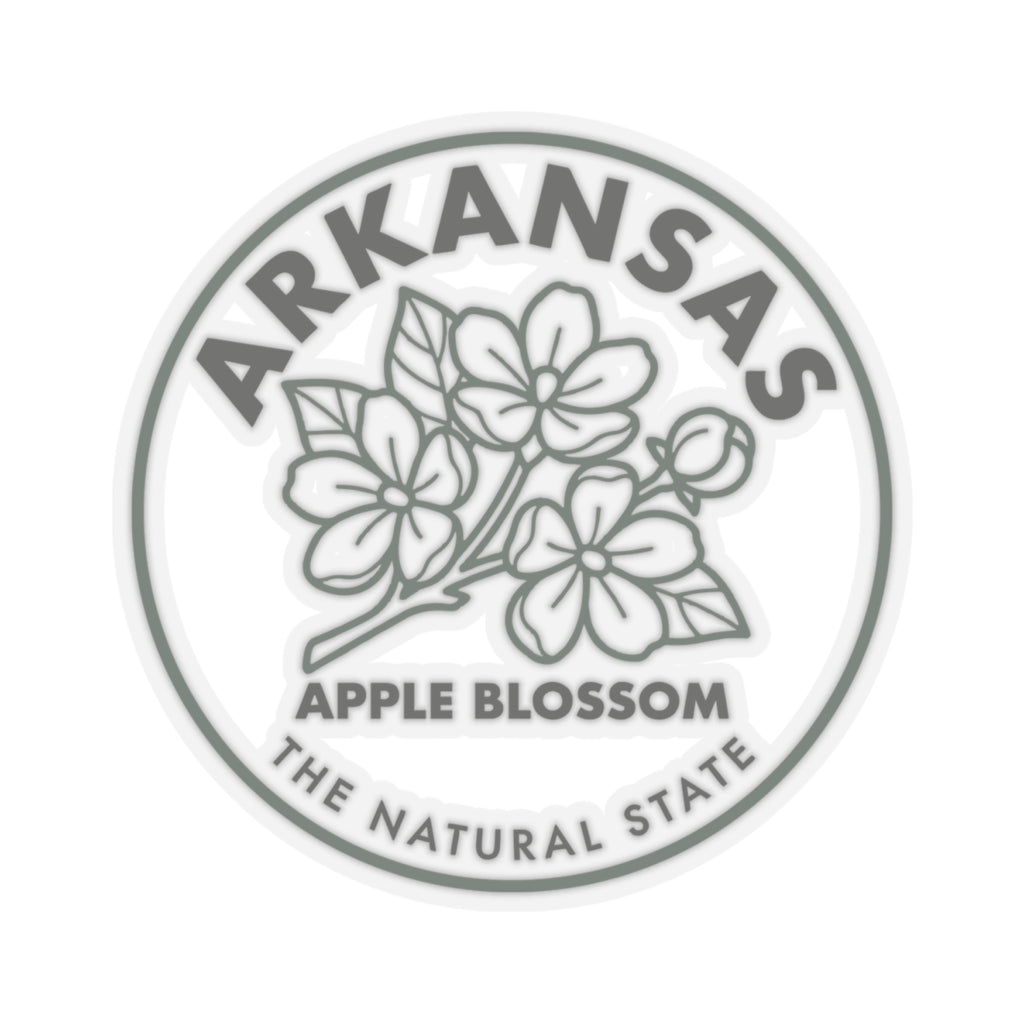Round Arkansas apple blossom sticker featuring leaf-and-flower line art and “APPLES BLOSSOM.”
