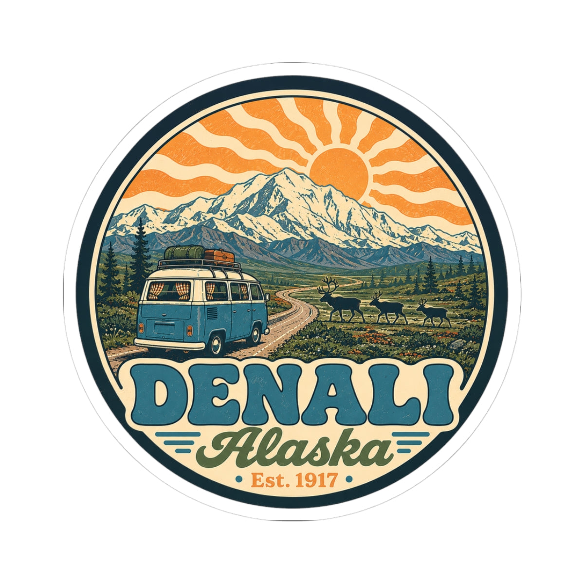 Circular Denali Alaska sticker with mountain, sun rays, teal camper van, and elk silhouettes