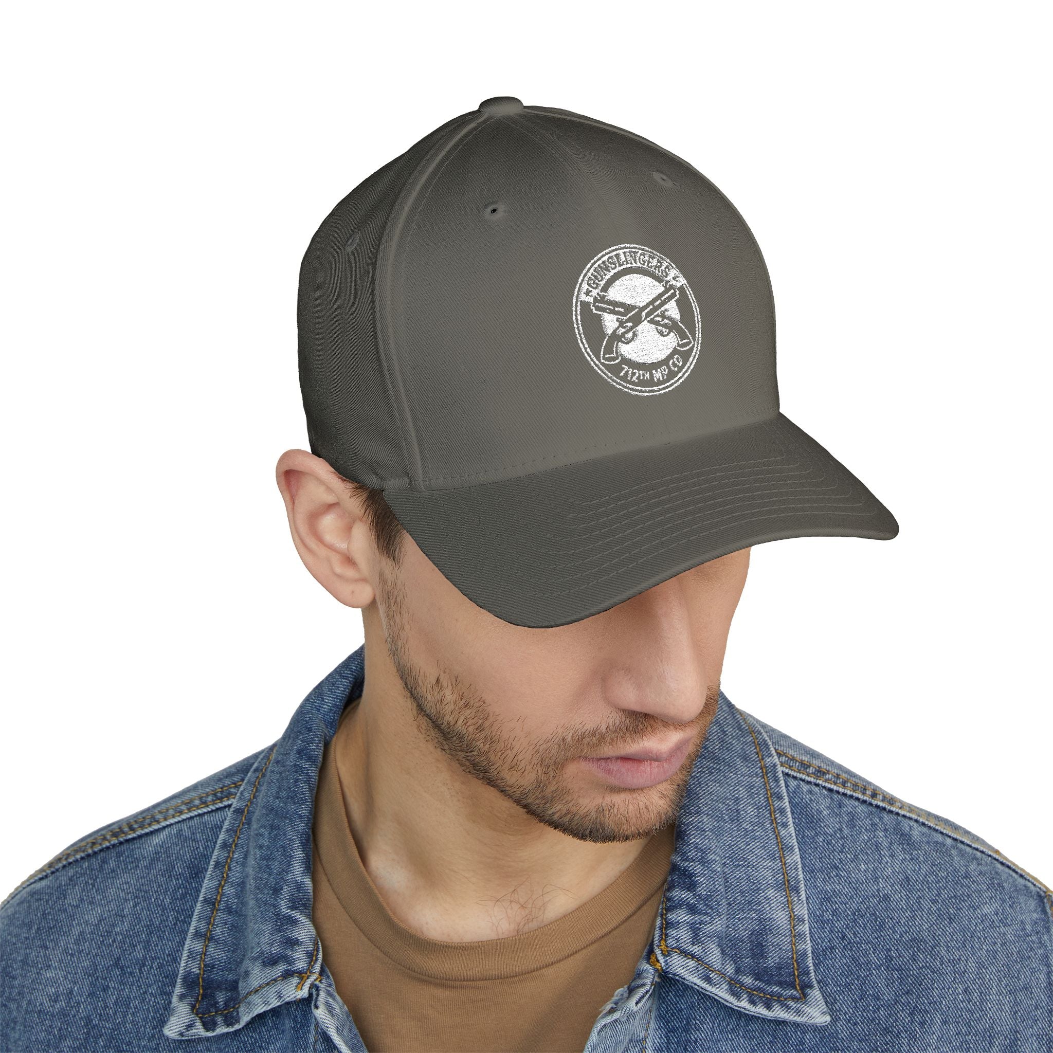 Embroidered baseball cap, dark gray, with circular white emblem