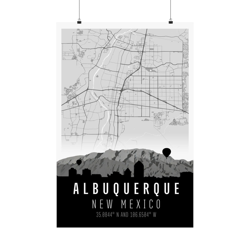 Albuquerque New Mexico map poster featuring skyline silhouette and route lines