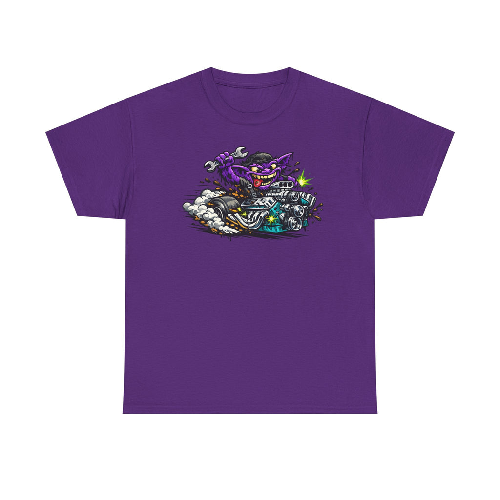 Purple Grinning Cat Biker Tee | Retro Cartoon Motorcycle Graphic T-Shirt, Unisex Streetwear Gift
