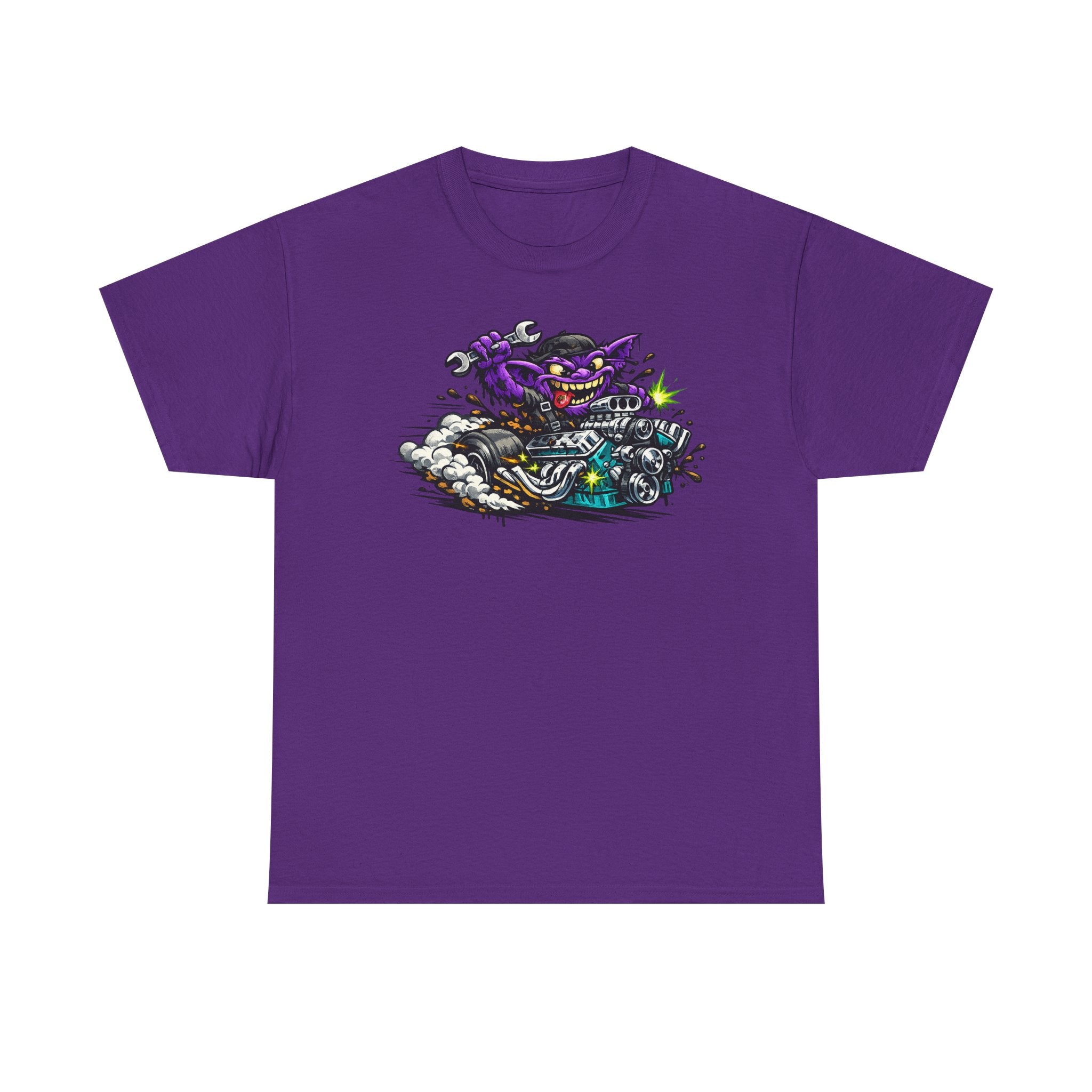 Purple Grinning Cat Biker Tee | Retro Cartoon Motorcycle Graphic T-Shirt, Unisex Streetwear Gift