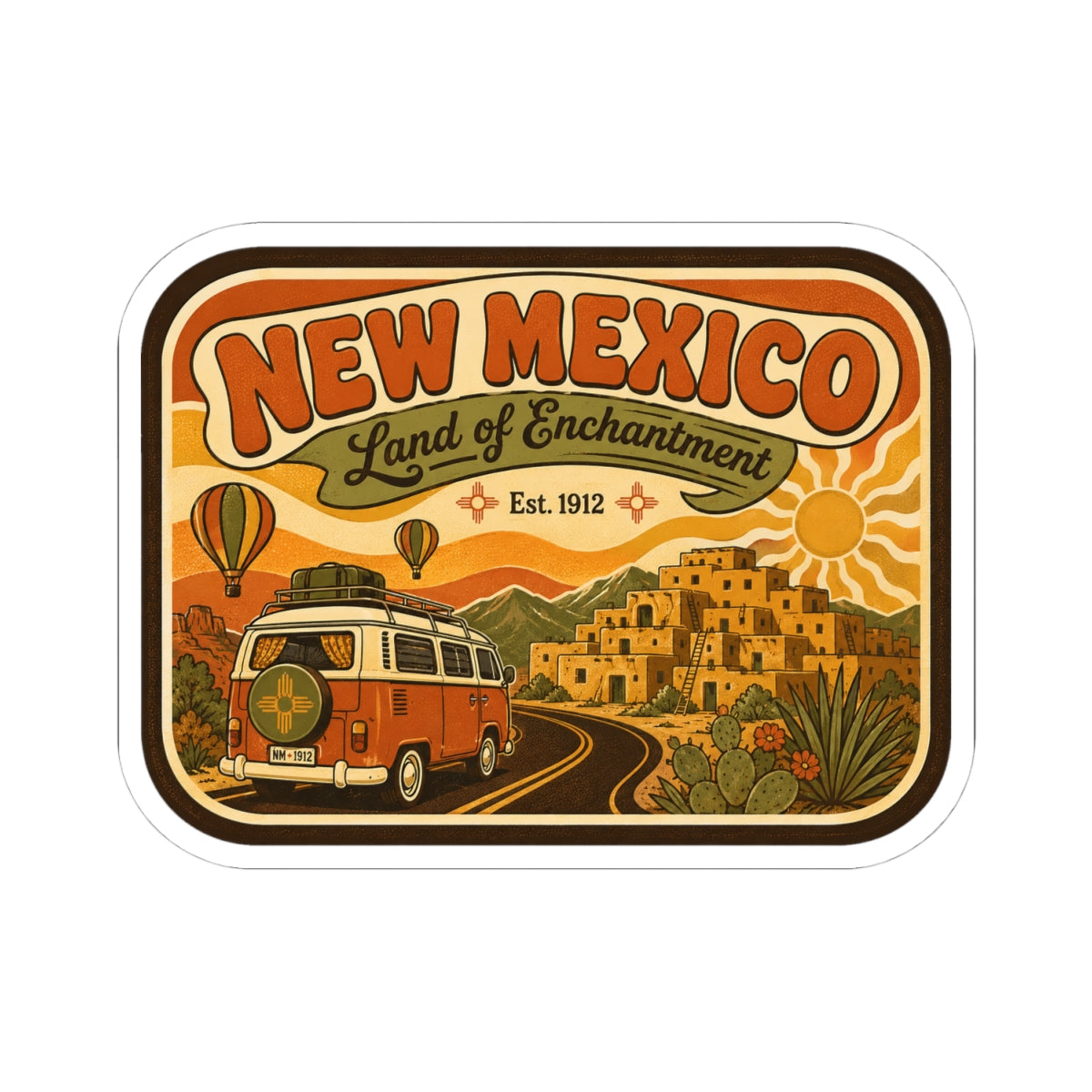 Die-cut New Mexico sticker featuring orange camper, desert scene, sun, and “Land of Enchantment”