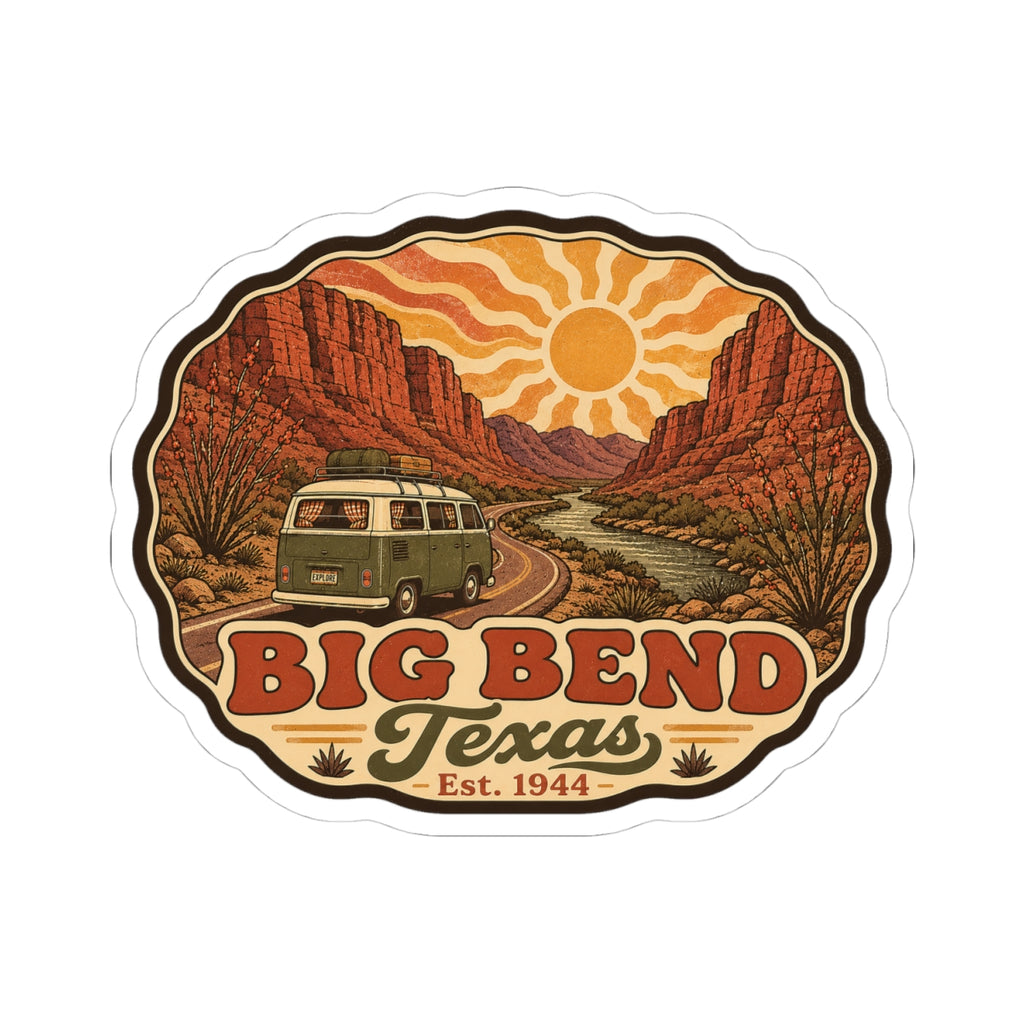 Die-cut road trip sticker featuring desert valley artwork, Big Bend Texas text, and vintage camper