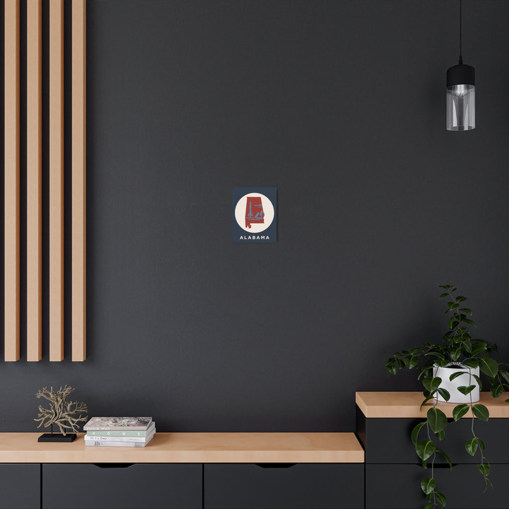 Alabama retro rocket metal wall sign, dark blue square with circular Alabama logo and 'ALABAMA'