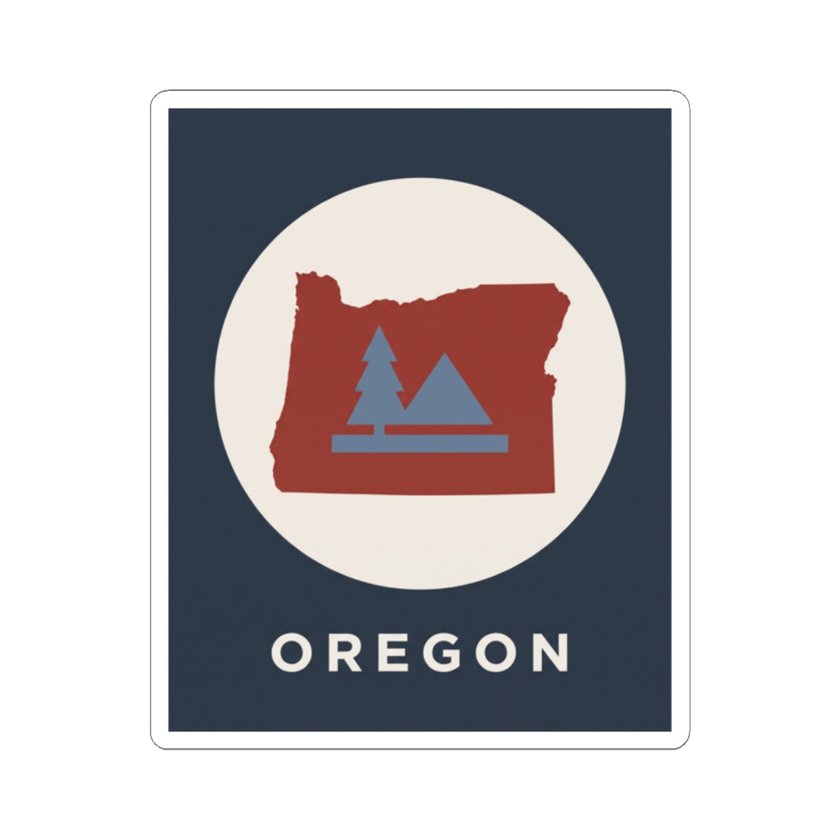 Square Oregon sticker with red outline state, pine tree graphic, mountain base; word OREGON.