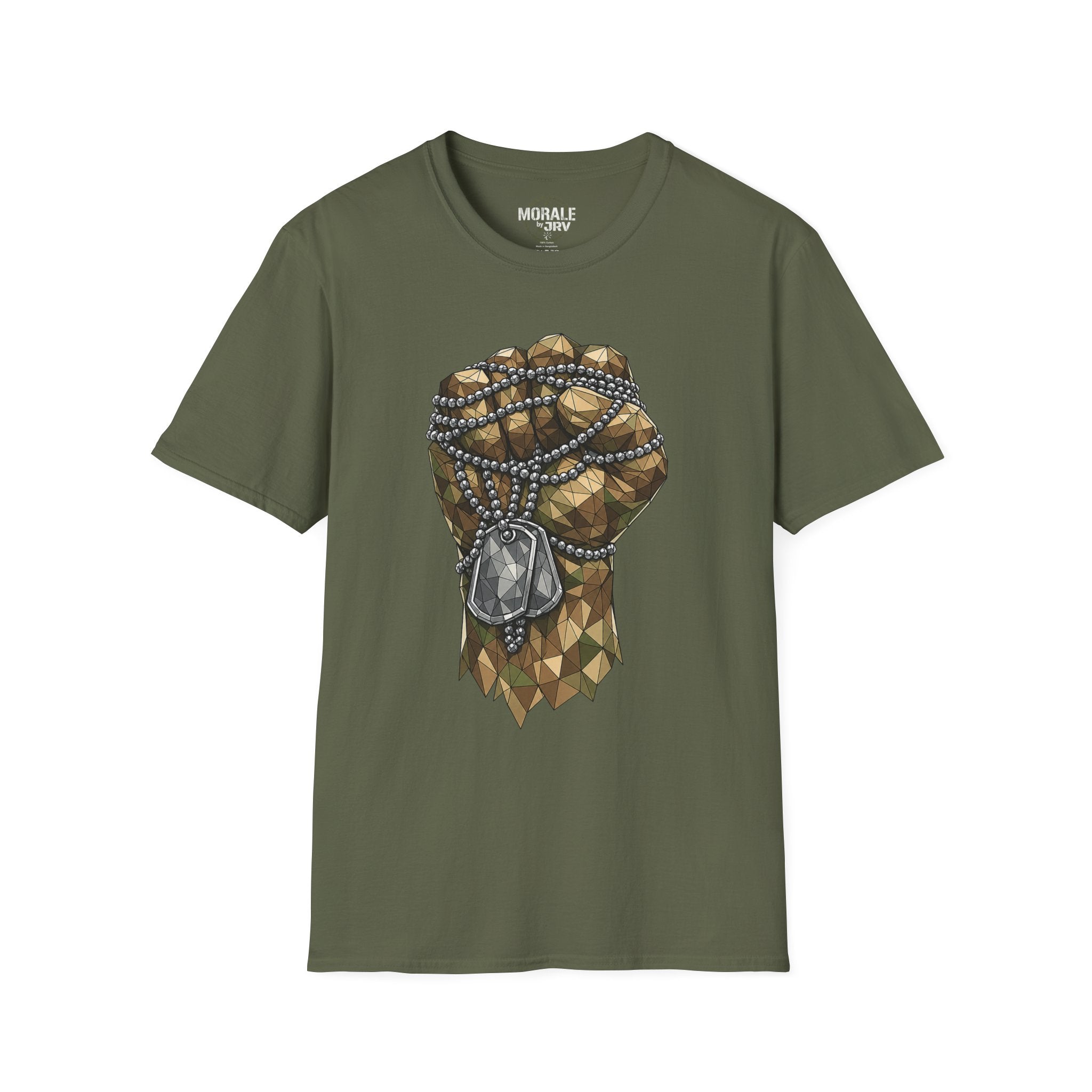 Military green T-shirt with polygon fist graphic and dog-tag necklace pendant.