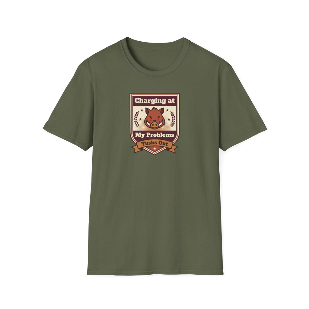 Funny Boar T-Shirt | Charging at My Problems Tusks Out Crest Graphic Tee | Wild Boar Lover Gift